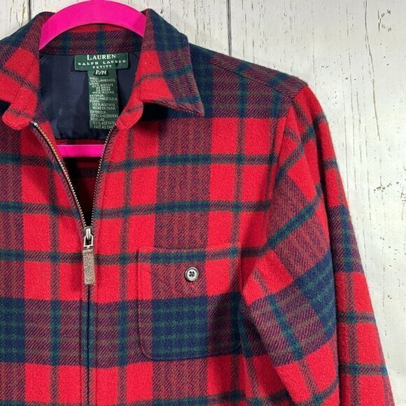 Lauren Ralph Lauren 100% Lambswool Plaid Pullover Shirt Jacket Red Navy Tartan - Picture 4 of 15